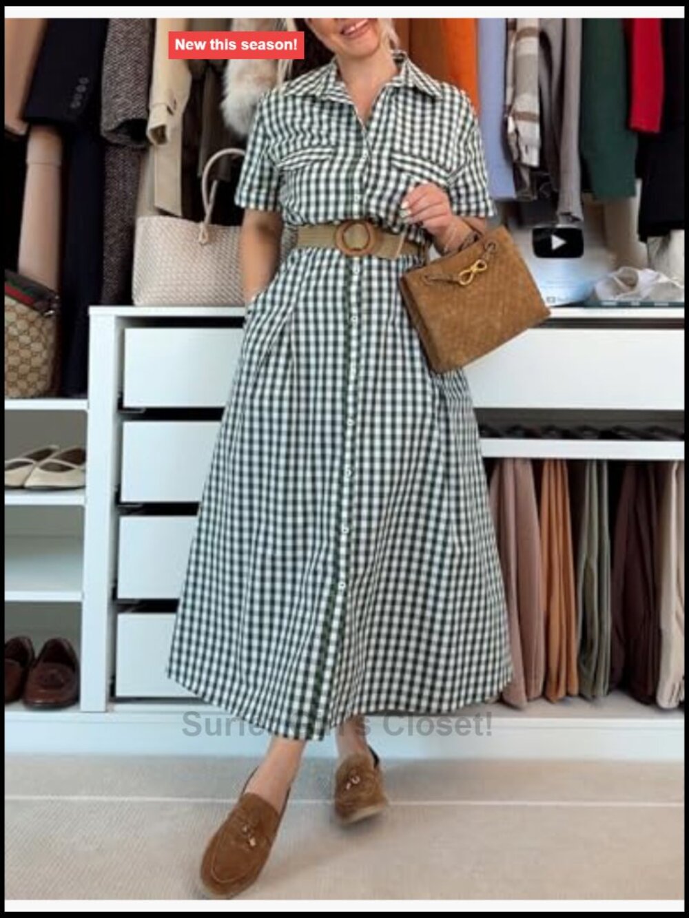 Women's Cotton Gingham Midi Shirt Dress Short Sleeve Button Down with Pockets - Picture 5 of 7
